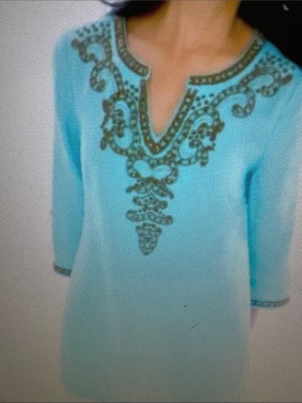 Chico's Aqua Tunic with Ornate Beaded Neckline